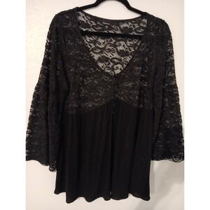 Torrid Babydoll BlouseWomen's Sz.00 Black 1/2 Button Flare 3/4 Sleeve Lace/Crepe